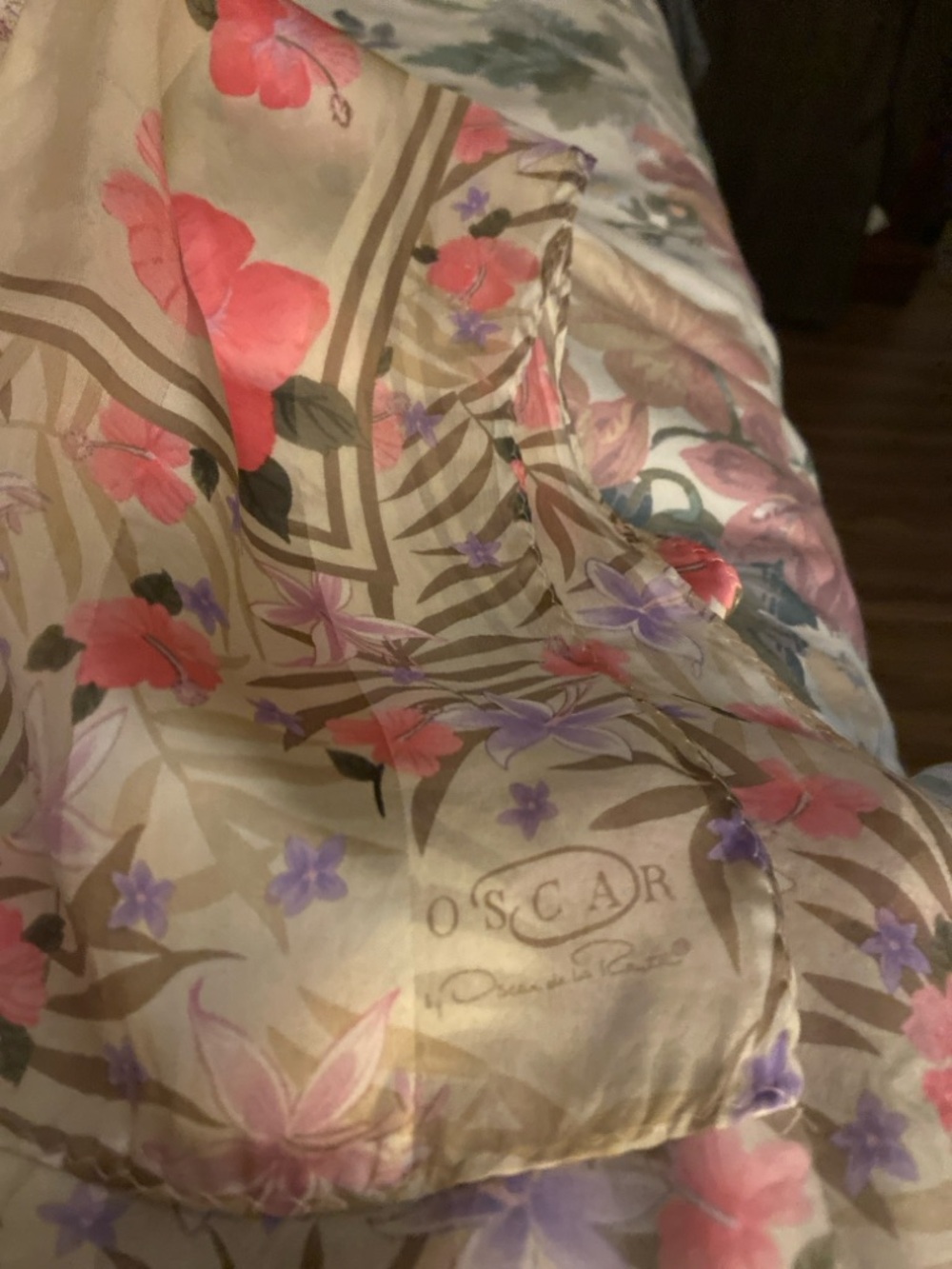 Oscar de la Renta Floral Cream & Pink Satin scarf